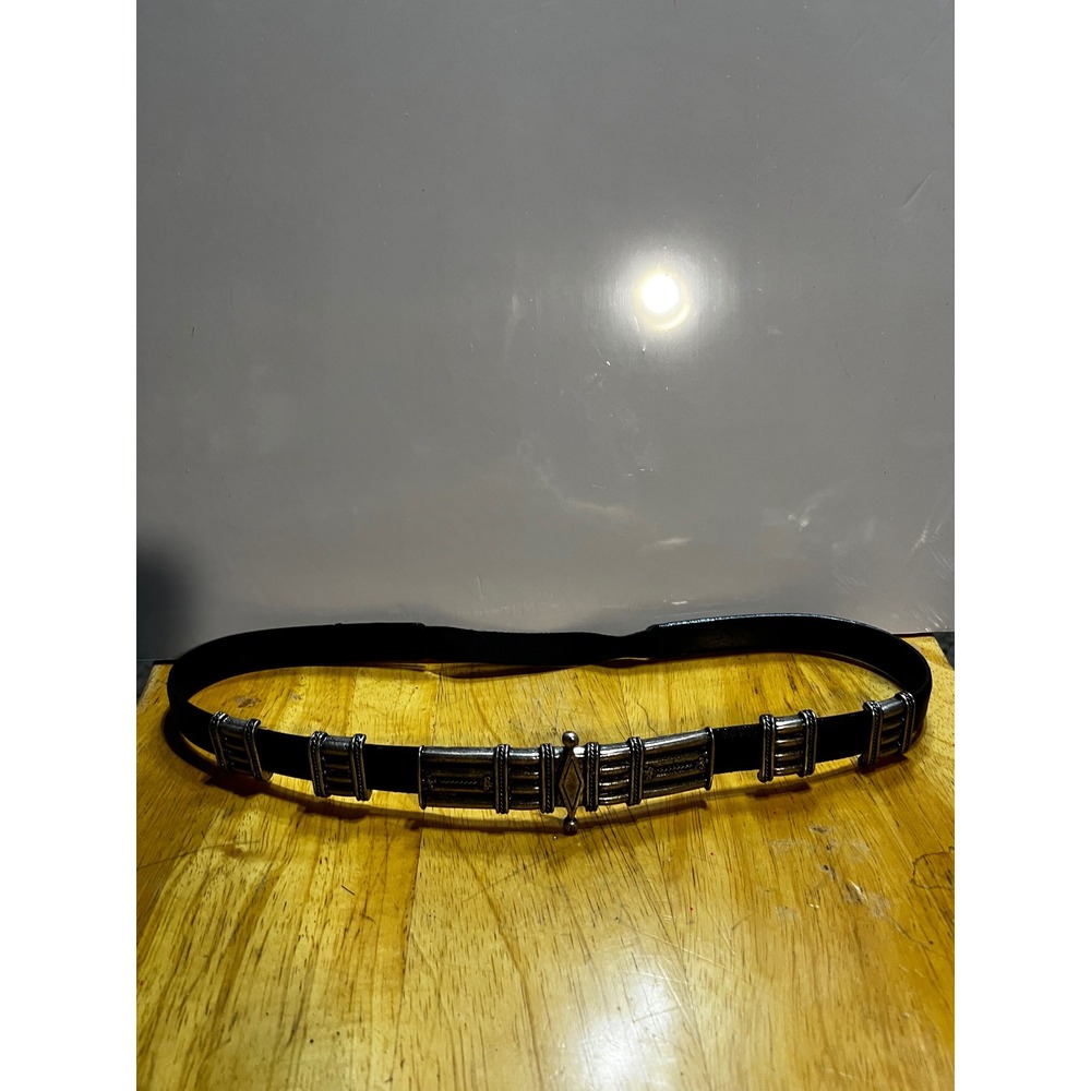Sandra Miller Medium Leather Belt Black Silver Western Ornate Hardware 4537 USA
